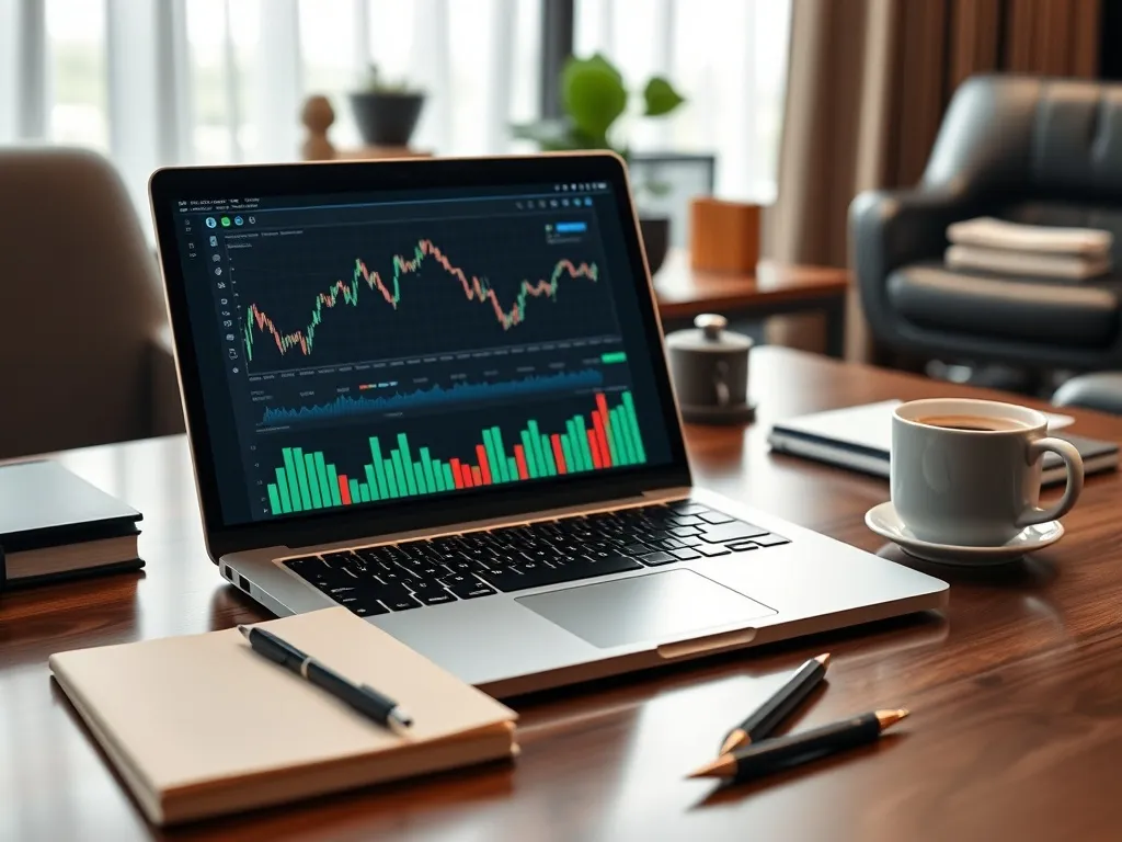 A professional workspace with a laptop showing financial cha
