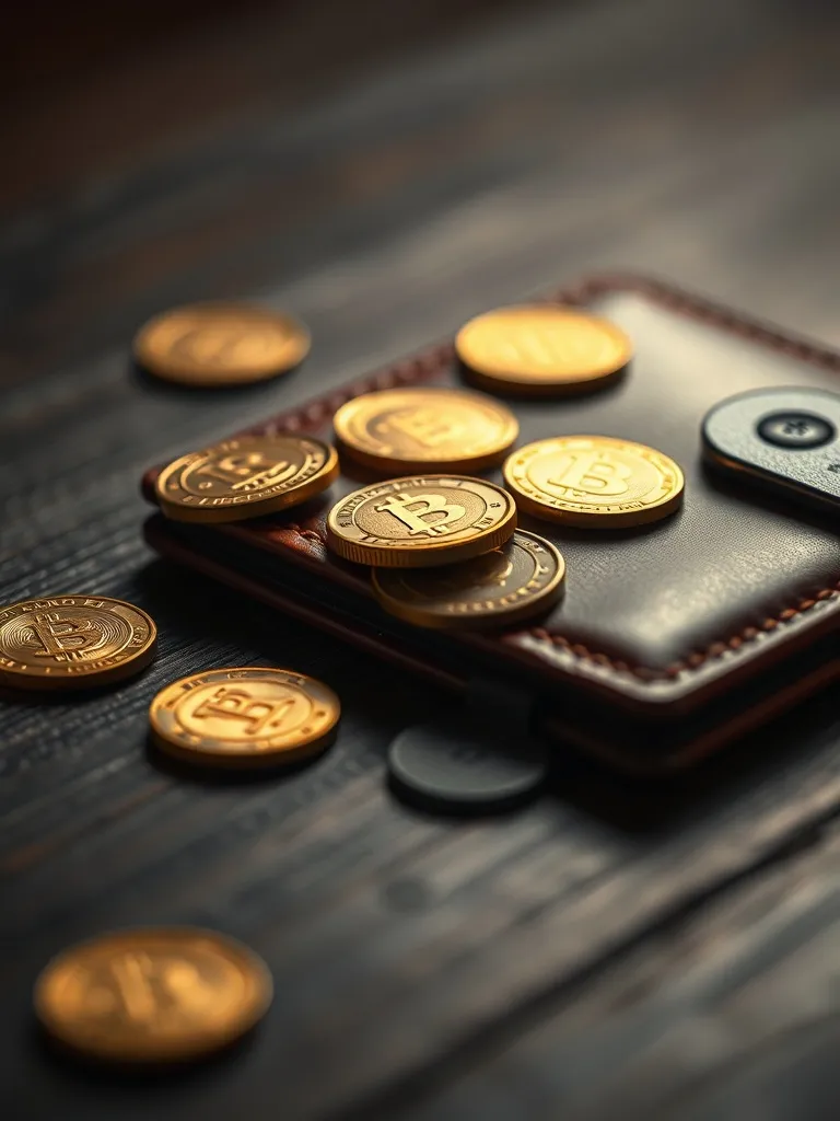 High-quality close-up of gold coins and a leather wallet on