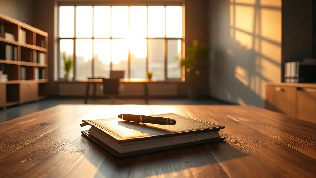 Minimalist architectural office with golden hour sunlight, f