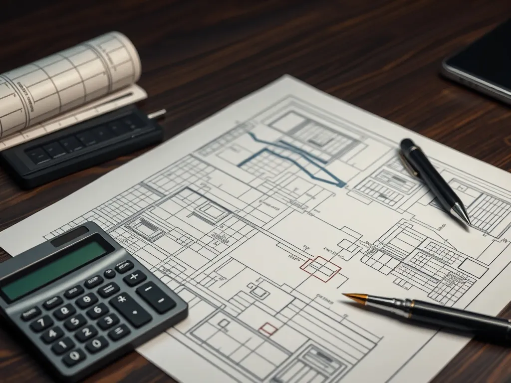 A professional office desk with a calculator, technical blue