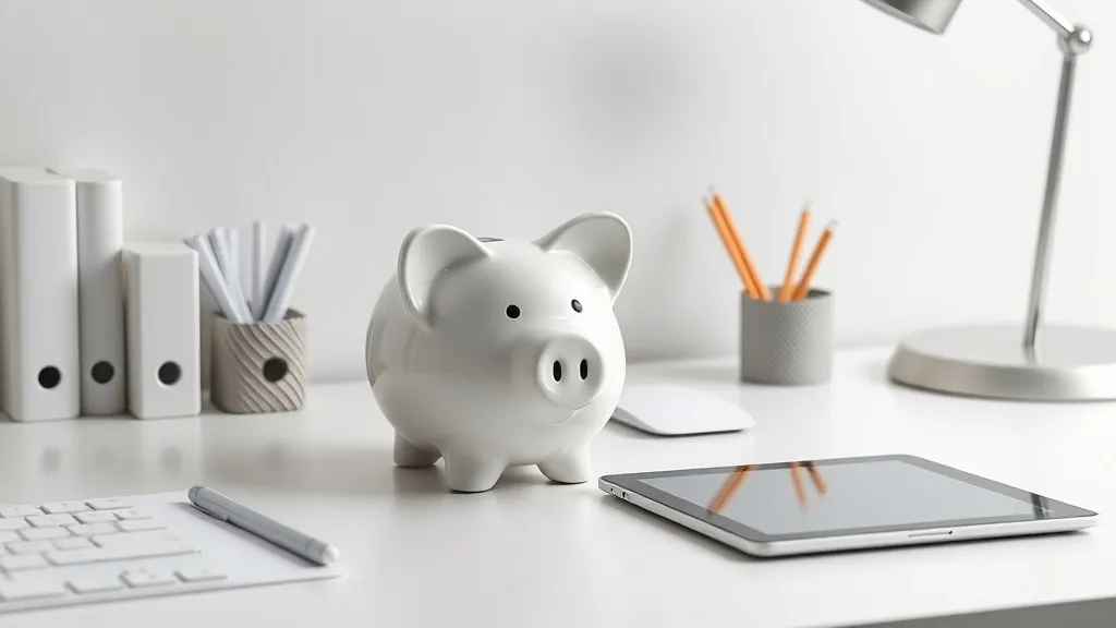A minimalist organized office desk with a physical piggy ban